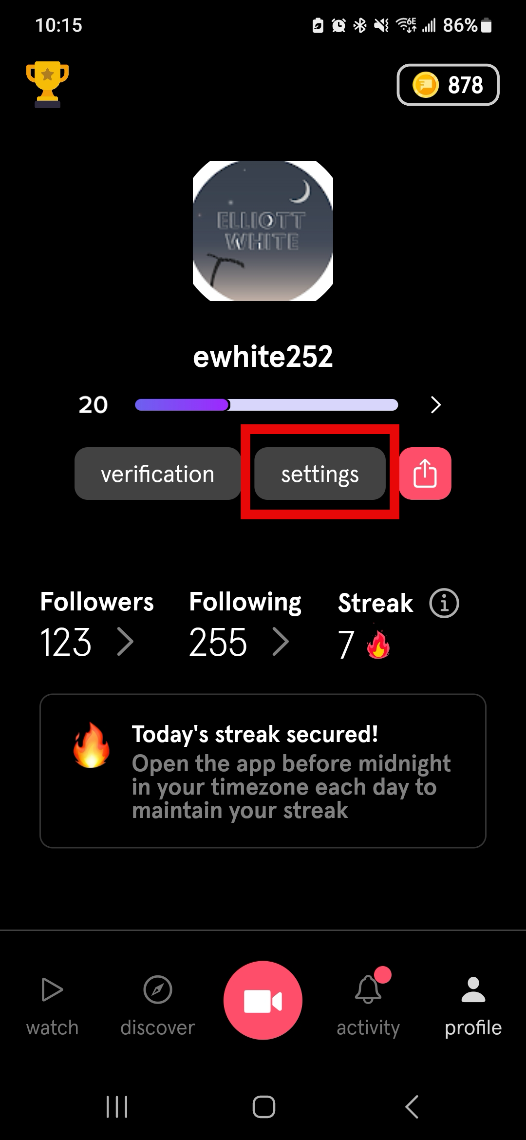 Tap Settings to manage profile.png